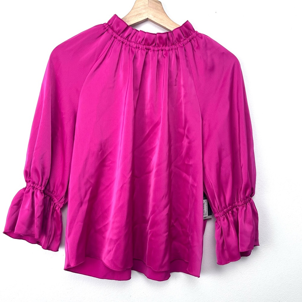 Worthington XS Fuchsia Pink Ruffled Long Sleeve Blouse Top Vibrant Flowy Peasant